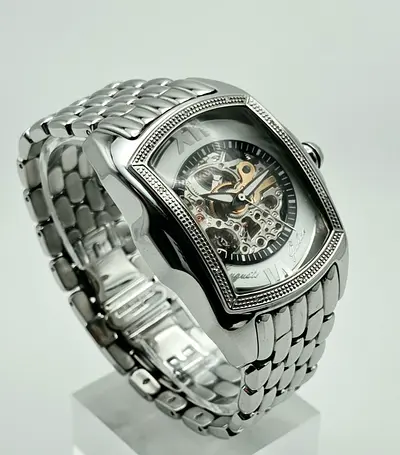 August Galan Men's Silver Automatic Skeleton Mechanical Watch - Stainless Steel Bracelet