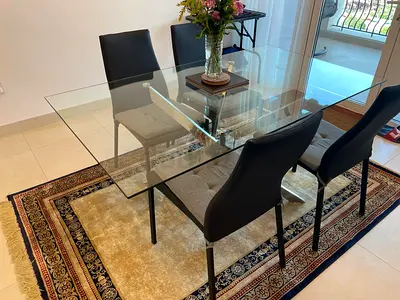Glass Top Dining Table with 4 Chairs — Modern Metal Frame, EXCELLENT Condition