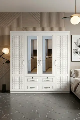 White 4-Door Wardrobe with Mirrors and Drawers — Good Condition