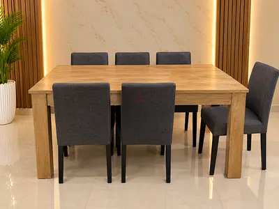 Solid Wood 6-Seater Dining Table with Upholstered Chairs - Light Oak