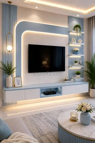 Custom modern TV wall unit with floating shelves and LED lighting