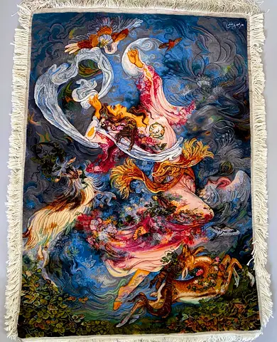 Handwoven Persian Rug with Mythical Dance Scene