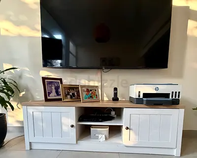 Compact TV/Media Console with Storage - White and Wood Finish