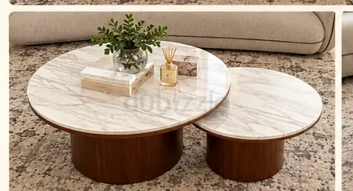 Set of 2 Round Marble-Top Coffee Tables with Wooden Bases