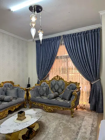Ornate Gold-Trimmed Living Room Sofa Set with Marble Coffee Table