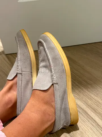 Loro Piano summer walk. Light grey slip-on suede loafers, gently used, size approx EU 36