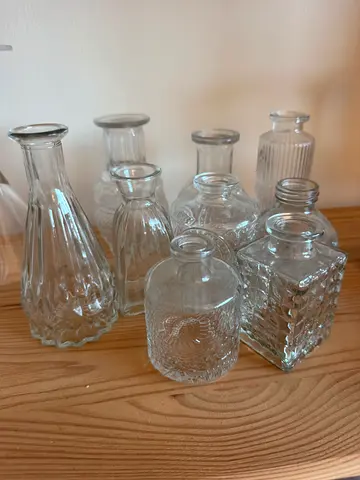 Set of 9 Small Decorative Glass Bottles / Vases - Clear