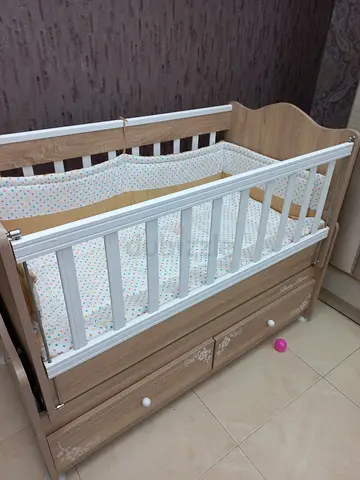 Wooden Baby Crib with Drawers and Safety Rail - Good Condition