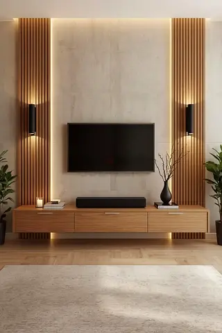 Modern Wooden TV Media Wall Unit with LED Lighting | Luxury Floating TV Cabinet UAE