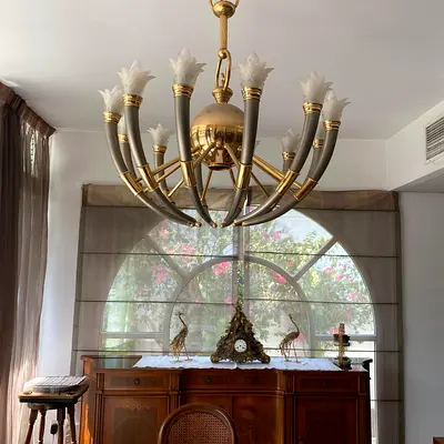Vintage Large Brass Multi-Arm Chandelier with Frosted Tulip Shades