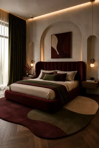 Plush Burgundy Upholstered Bed with Headboard (Modern Style)