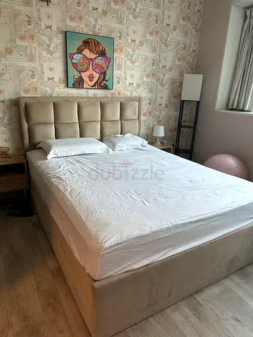 King Size Upholstered Bed with Headboard - Beige
