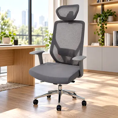 Grey Mesh Office Chair – High Back Desk Chair with Headrest