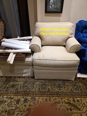 Ethan Allen beige upholstered armchair with ottoman - good condition