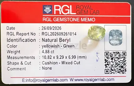 Certified 4.88 ct Natural Yellowish-Green Beryl Gemstone (With RGL Memo)