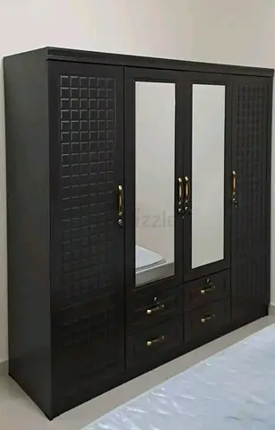 Dark Wood 4-Door Wardrobe with Mirrors and Drawers