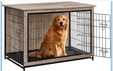 Wooden Top Metal Dog Crate with Double Door — Good Condition