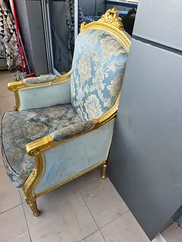 Ornate Gold-Trimmed Upholstered Armchair — Beige Damask