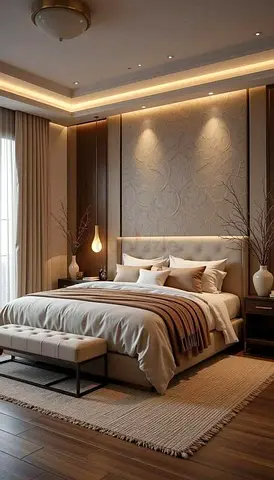 Queen bed with headboard, side tables and rug