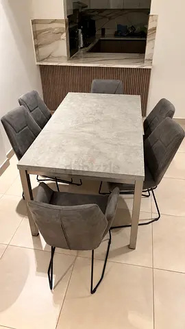 Modern Concrete-Style Dining Table with 6 Grey Upholstered Chairs