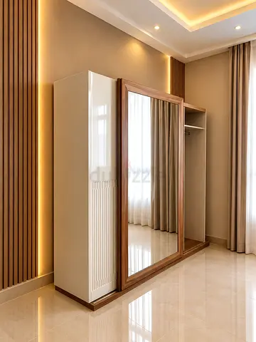 Modern Sliding Door Wardrobe with Full-Length Mirror - Light Wood Finish