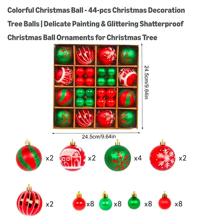 Set of 44 Red & Green Shatterproof Christmas Tree Baubles - Mixed Sizes