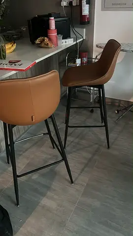 Set of 2 Brown Leather Bar Stools with Metal Legs