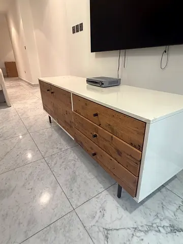 White and Wood TV Entertainment Unit with Drawers - Good Condition