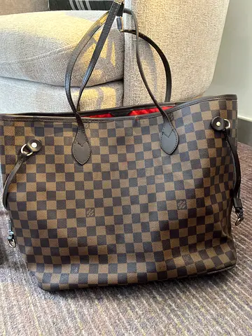 Brown checkered tote bag with long straps