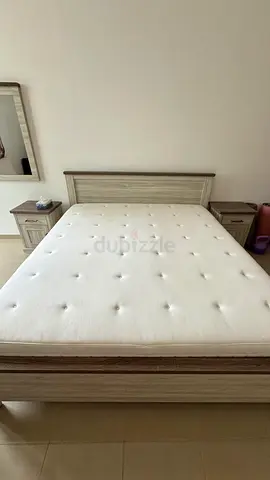 King size bed frame with mattress, matching bedside tables and mirror