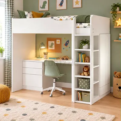 White Loft Bed with Built-in Desk and Shelves — Good Condition