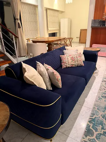 Blue velvet 3-seater sofa with gold piping - good condition