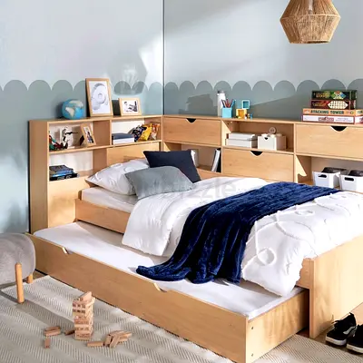 Single bed with pull-out bed and storage in perfect condition - oak wood
