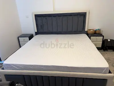 Queen upholstered bed frame with headboard and 2 matching bedside tables - matrex too