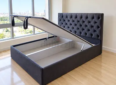 New Grey Upholstered Ottoman Storage Queen size Bed with Tufted Headboard