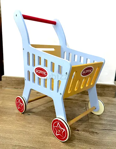 Wooden Toy Shopping Cart for Kids - Light Blue/Yellow