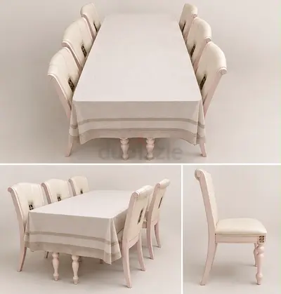 Solid wood dining table with 6 upholstered chairs - cream
