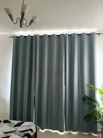 Light-blocking blue-grey curtains with curtain rod, set for double window - 300cm