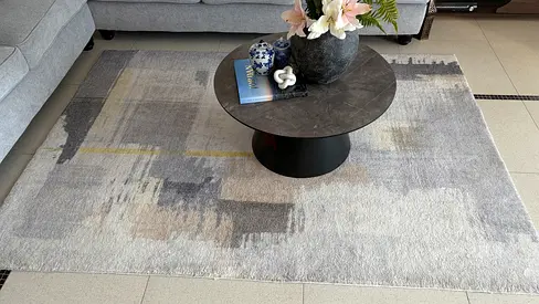 160x230cm Modern Geometric Abstract Rug - Grey, Cream & Mustard Yellow Accent