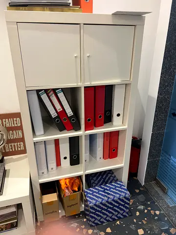 White storage cabinet with shelves and lockable cupboard - good condition