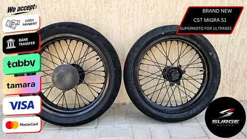 SURRON BRAND NEW 17 INCH ULTRABEE FULL BLACK SUPERMOTO SET (CST MIGRA S1 TYRES, 140 WIDE REAR)
