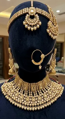 Gold-tone Pearl Bridal Necklace Set with Maang Tikka and Nath kundan set