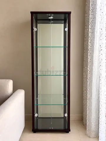 Tall Glass Display Cabinet with Dark Wood Frame - 4 Shelves,