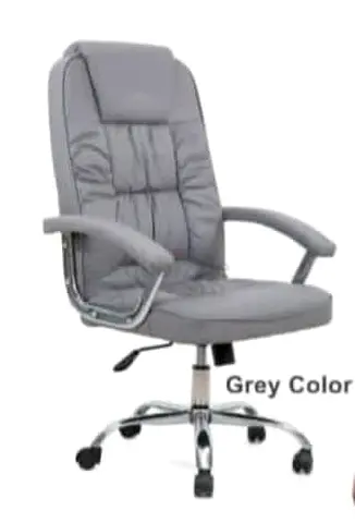 Grey leather swivel office chair with armrests and wheels