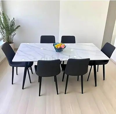 Modern 7-piece dining set with marble-effect table top and 6 chairs