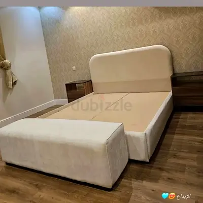 Upholstered queen bed frame with bench - beige, good condition