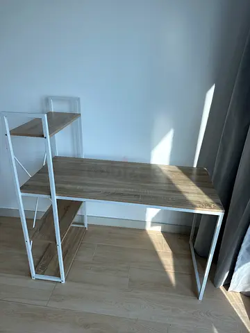 Minimalist wooden study desk with metal frame - excellent condition