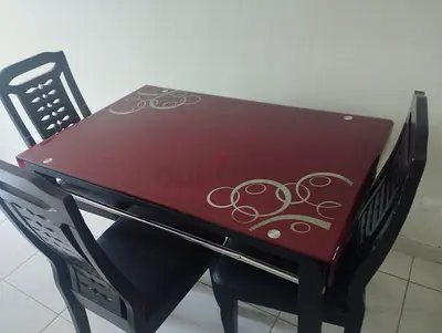 Wooden 4 Seater Dining Table with Glass Top - Dark Brown/Maroon