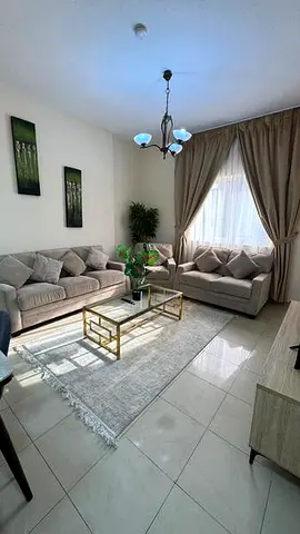 Furnished apartment (one bedroom and a living room) with hotel-style furnishings available for monthly rent in Al Majaz 3, Sharjah