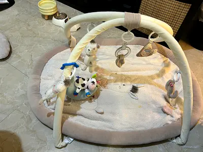 Used baby activity play gym with soft mat and hanging toys